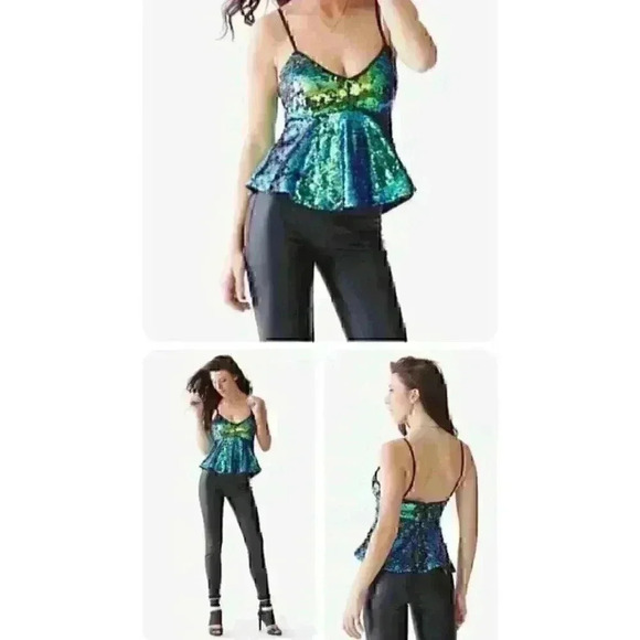 NWT Woman’s Guess Green Blue Yellow Sequence Shifting Peplum Top Medium - Picture 2 of 12